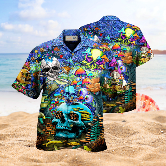 Bohemian Skull Die Mushroom Hawaiian Shirt For Gothic Art Fans, Beach Days, And Relaxed Warm Weather Outfits
