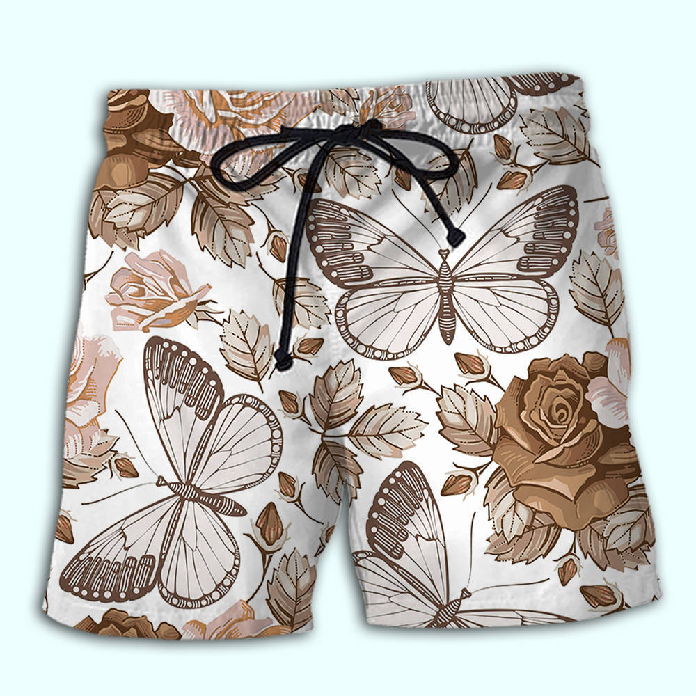 Butterfly And Rose Beach Shorts Design Detail For Resort And Beach Day Style