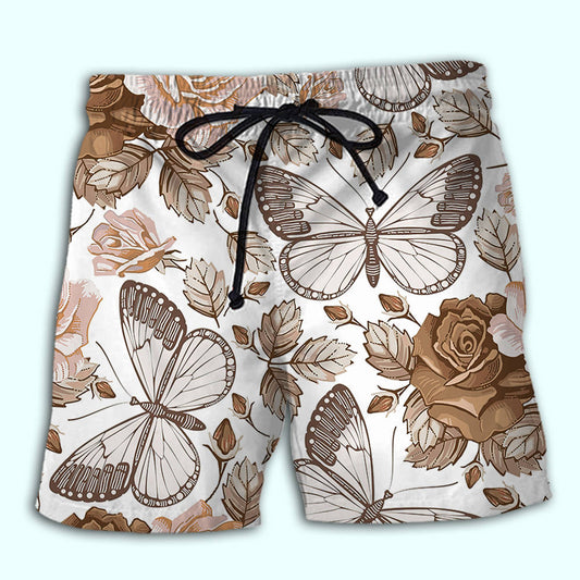 Butterfly And Rose Beach Shorts Design Detail For Resort And Beach Day Style