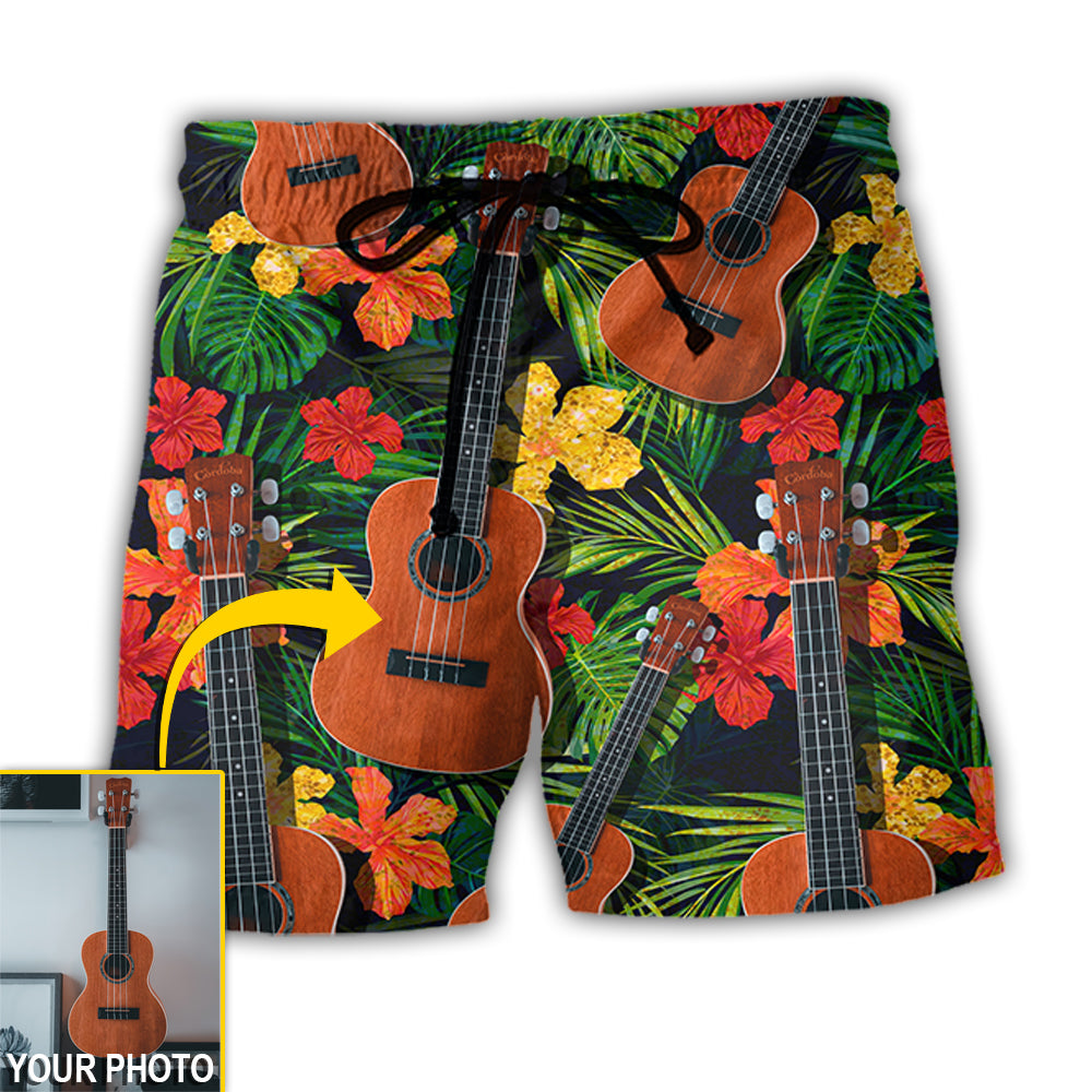 Guitar Various Style Tropical Floral Personalized Photo Beach Shorts Design Detail For Casual Warm Weather Outfits