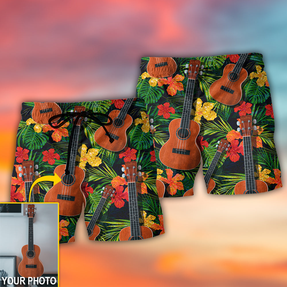 Guitar Various Style Tropical Floral Personalized Photo Beach Shorts For Tropical Getaways And Weekend Adventures