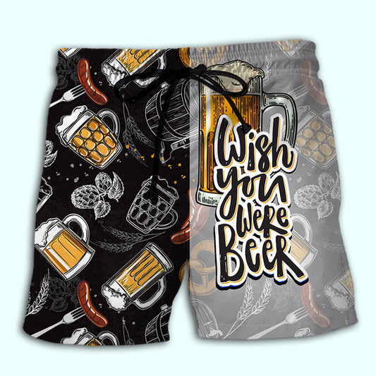 Beer Wish You Were Humor Quote Beach Shorts Artwork Detail For Casual Warm Weather Outfits