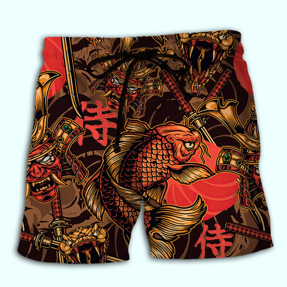 Samurai Japan Strong Red Beach Shorts Artwork Detail For Casual Warm Weather Outfits