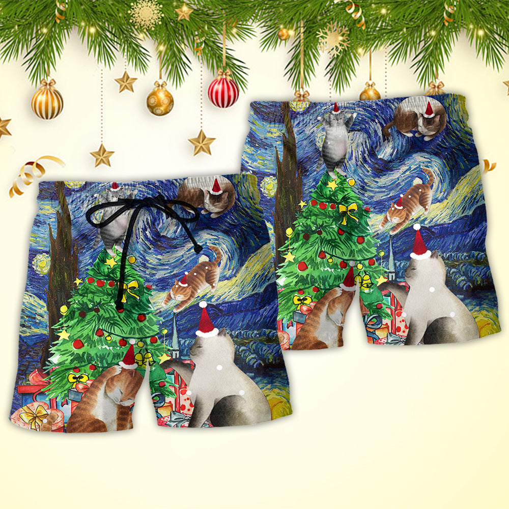 Christmas Cat Playing In Starry Night Beach Shorts For Outdoor Adventures And Thoughtful Seasonal Gifts