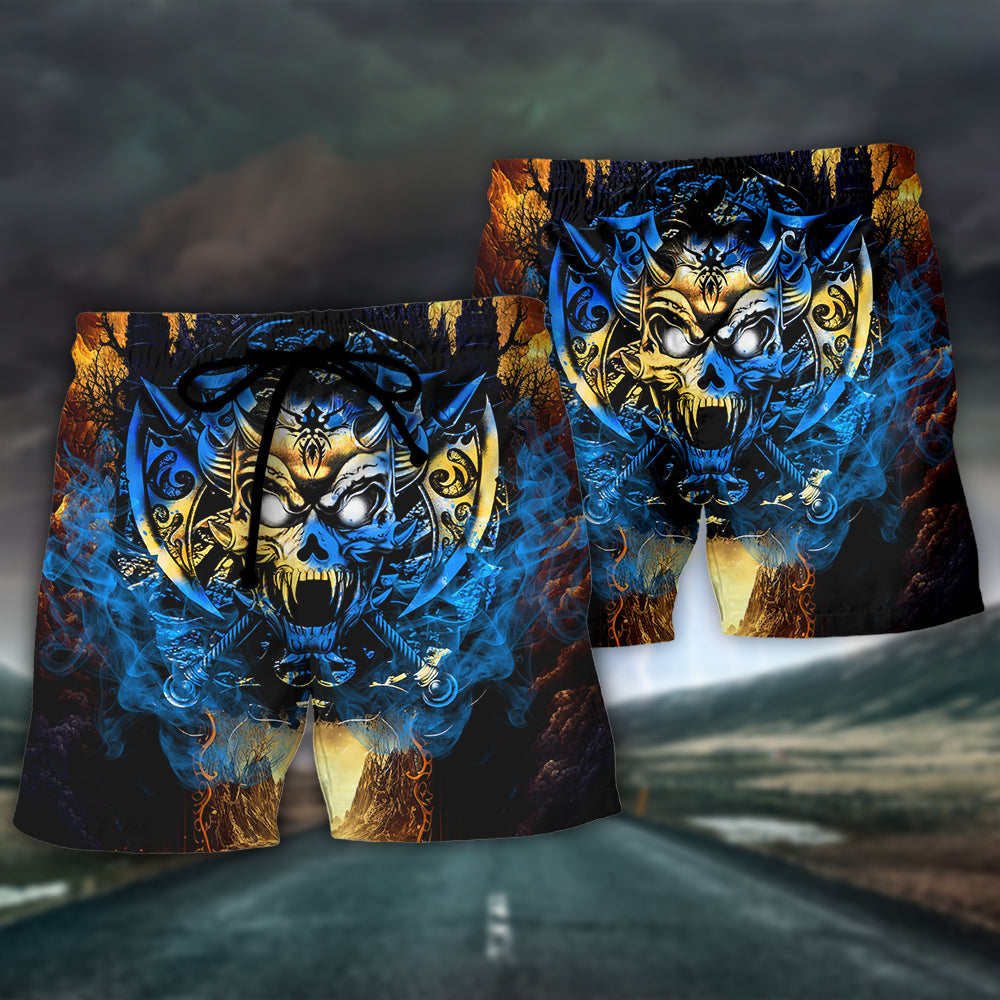 Blue Fire Skull Beach Shorts Pattern Detail For Resort Wear And Lightweight Summer Style