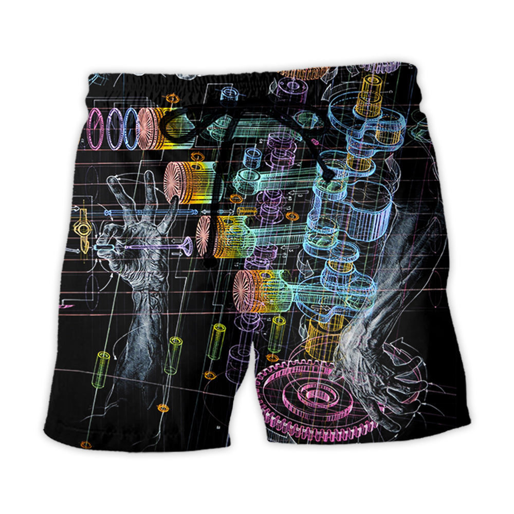 Neon Mechanic Beach Shorts Pattern Detail For Coastal Travel And Laid Back Styling