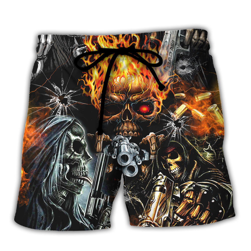 Skull Flame Attitude Graphic With Bold Statement Beach Shorts For Bold Summer Vacation Style