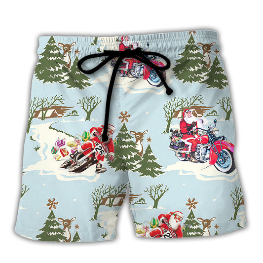 Santa Driving In Snow Forest Beach Shorts Design Detail For Casual Warm Weather Outfits