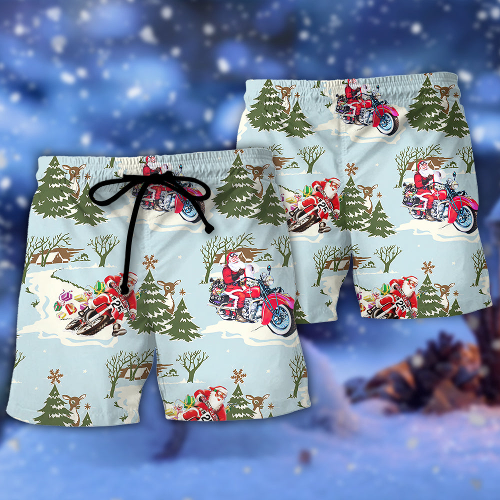 Santa Driving In Snow Forest Beach Shorts Pattern View For Resort Days And Outdoor Activities