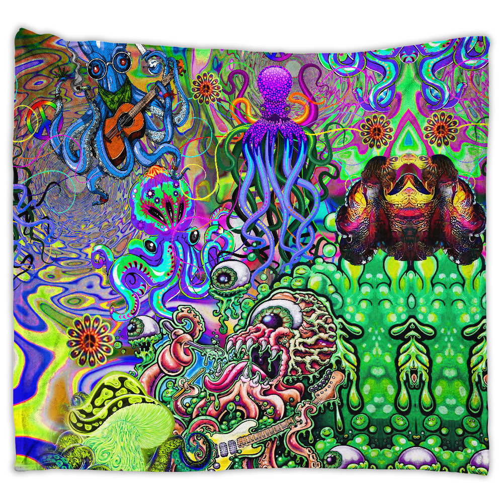 Hippie Funny Octopus Love Music Colorful Ocean Flannel Blanket For Cozy Bedroom Sofa Decor