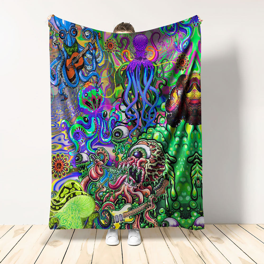Hippie Funny Octopus Love Music Colorful Ocean Flannel Blanket For Cozy Bedroom Sofa Decor