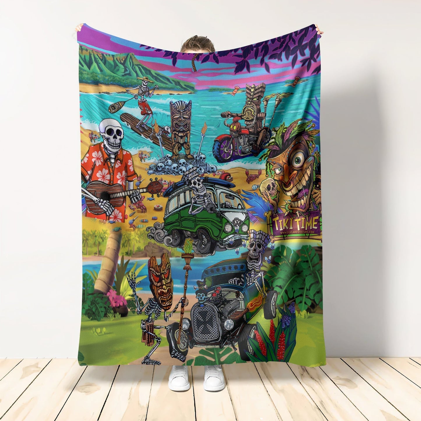 Skull And Tiki Summer Vibe Flannel Blanket For Cozy Bedroom Sofa Decor