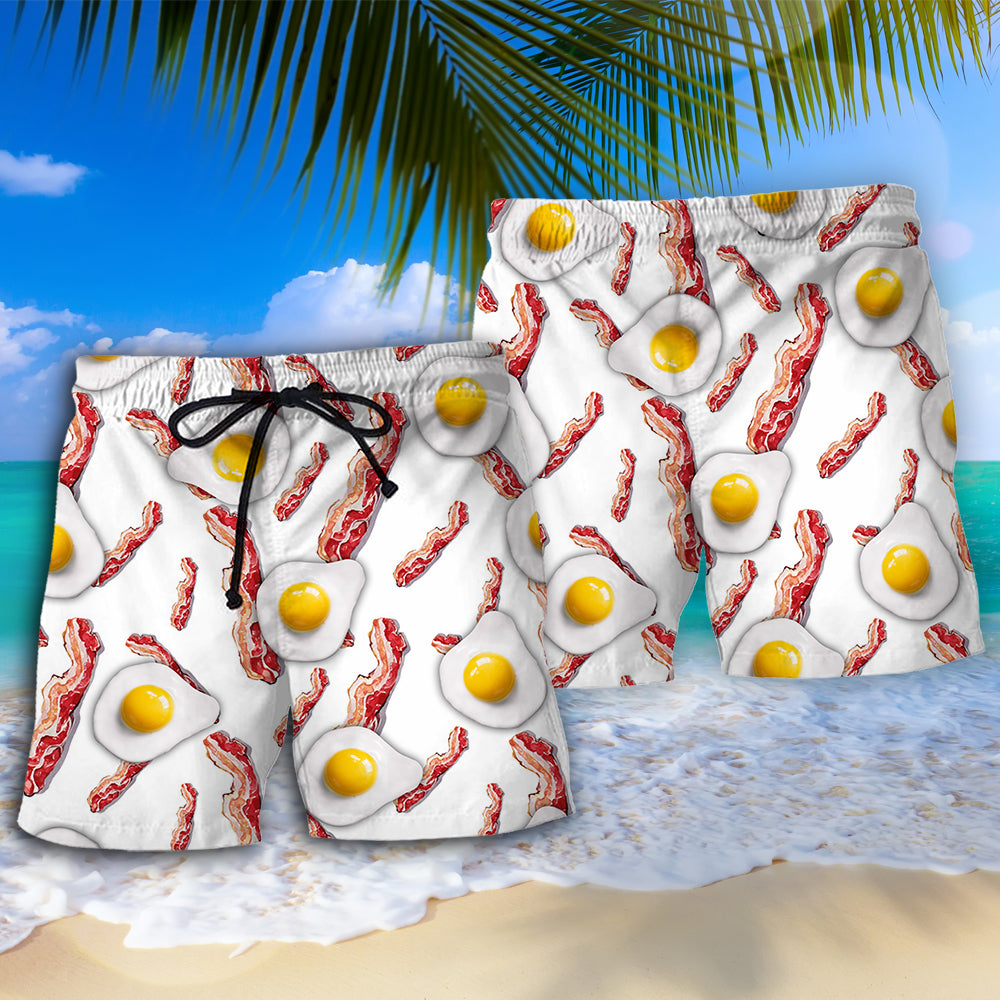 Bacon Eggs Food Beach Shorts Pattern Detail For Vacation Style And Warm Weather Wardrobe