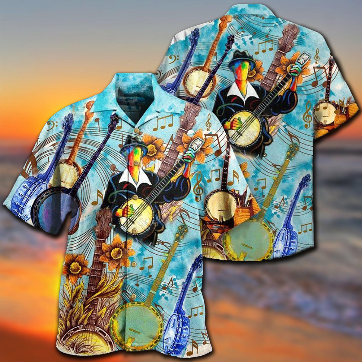Music Banjo Cheerful Melodies Hawaiian Shirt Pattern View For Lightweight Everyday Style