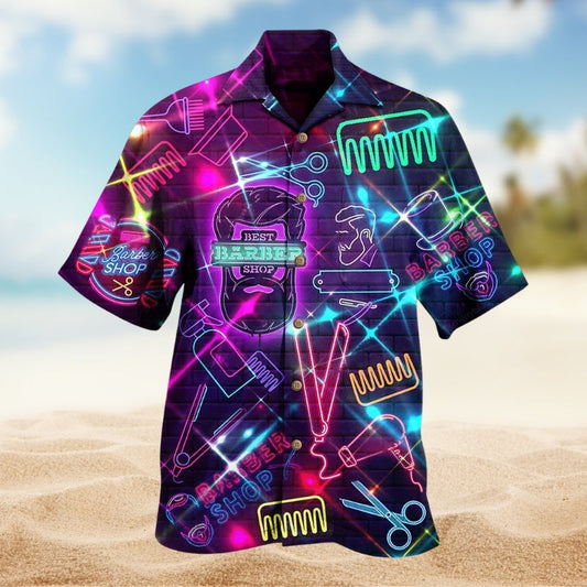 Neon Barber Shop Hawaiian Shirt For Summer Vacation, Beach Travel, And Casual Wear