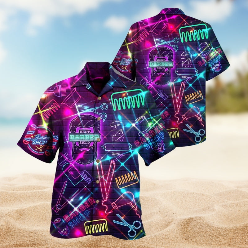 Neon Barber Shop Hawaiian Shirt For Summer Vacation, Beach Travel, And Casual Wear