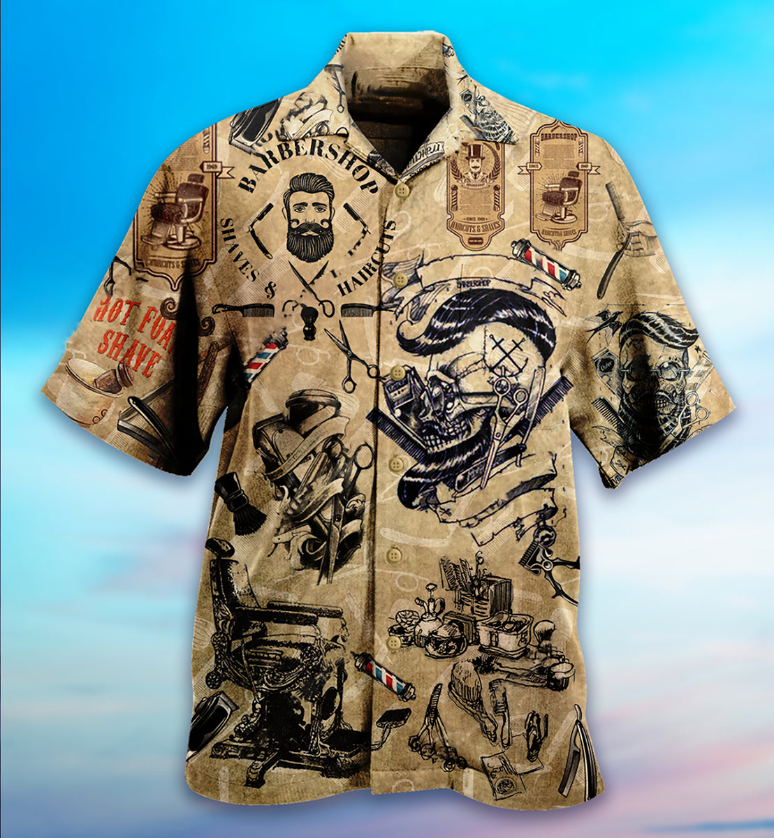 Vintage Barber Hawaiian Shirt With All Over Print For Summer Vacation Beach Travel And Casual Wear
