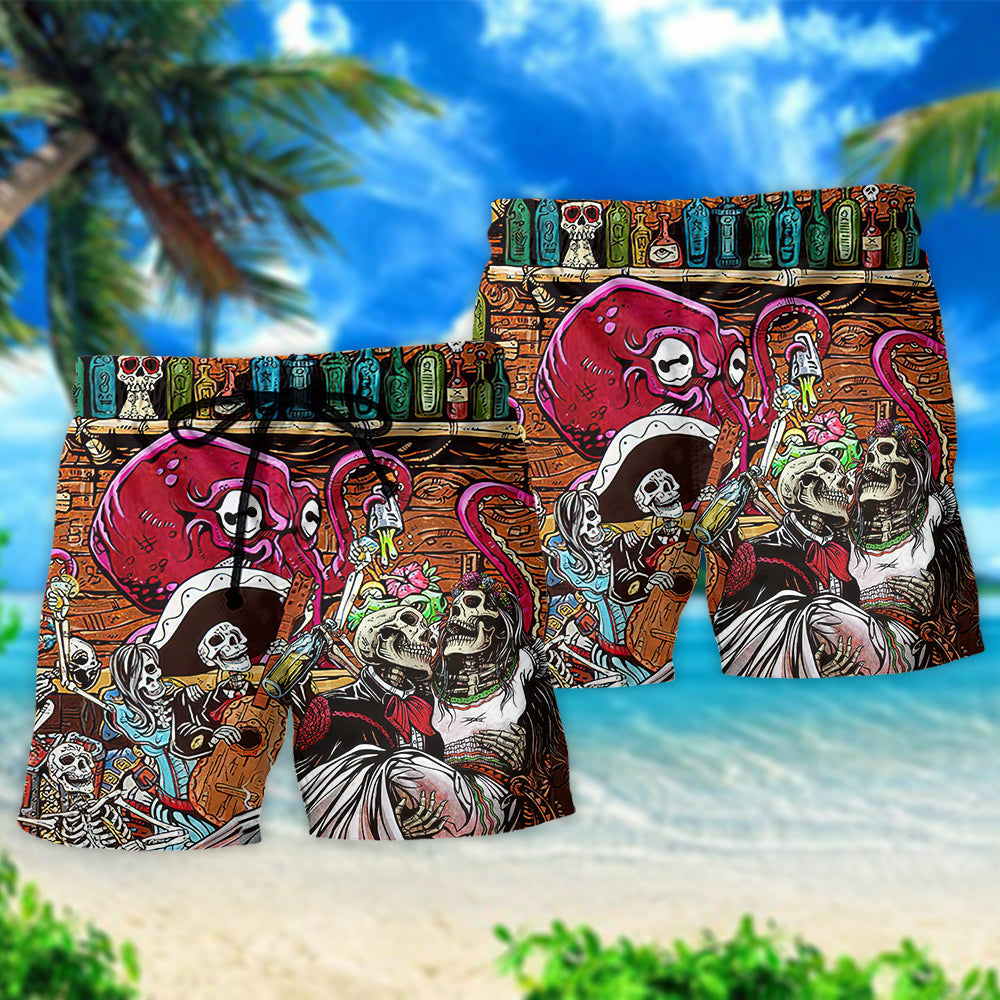 Bartender Skull Octopus Play Together Beach Shorts Pattern View For Vacation Travel And Outdoor Fun