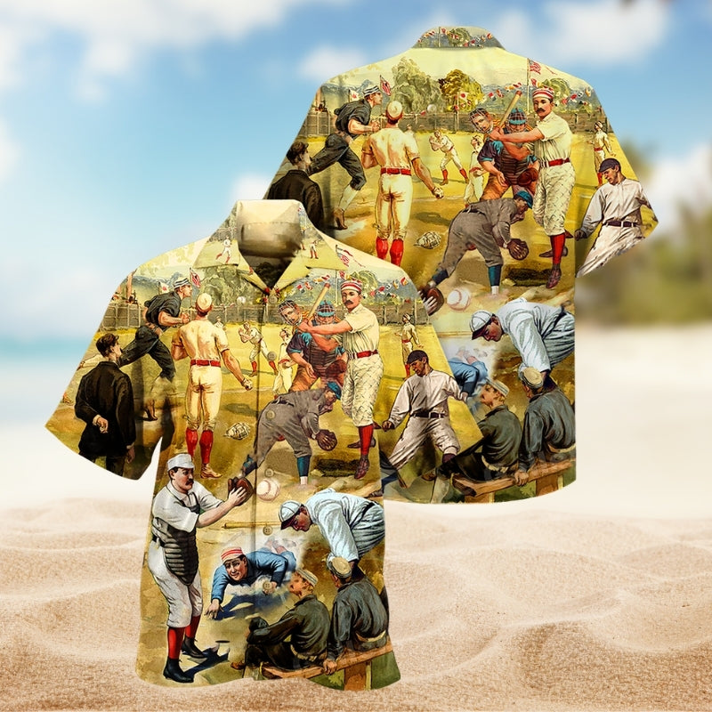 Vintage Baseball Hit Hard Run Fast Turn Left Hawaiian Shirt For Beach Days, Summer Outings, And Thoughtful Gift Giving