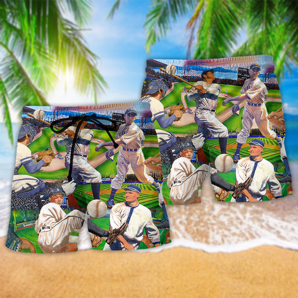 Vintage Baseball Players Classic Beach Shorts Design View For Comfortable Resort And Beach Styling