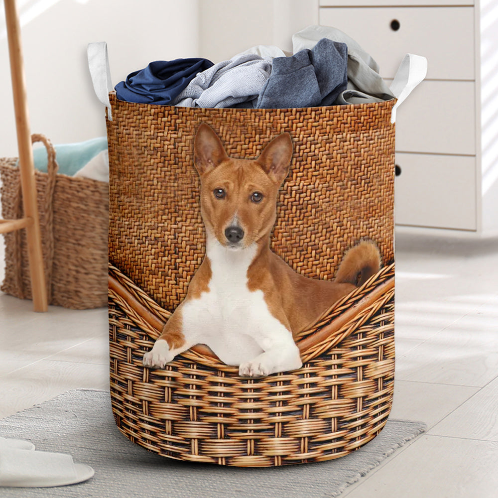 Basenji Dog Rattan Texture Laundry Basket For Room Home Organizer