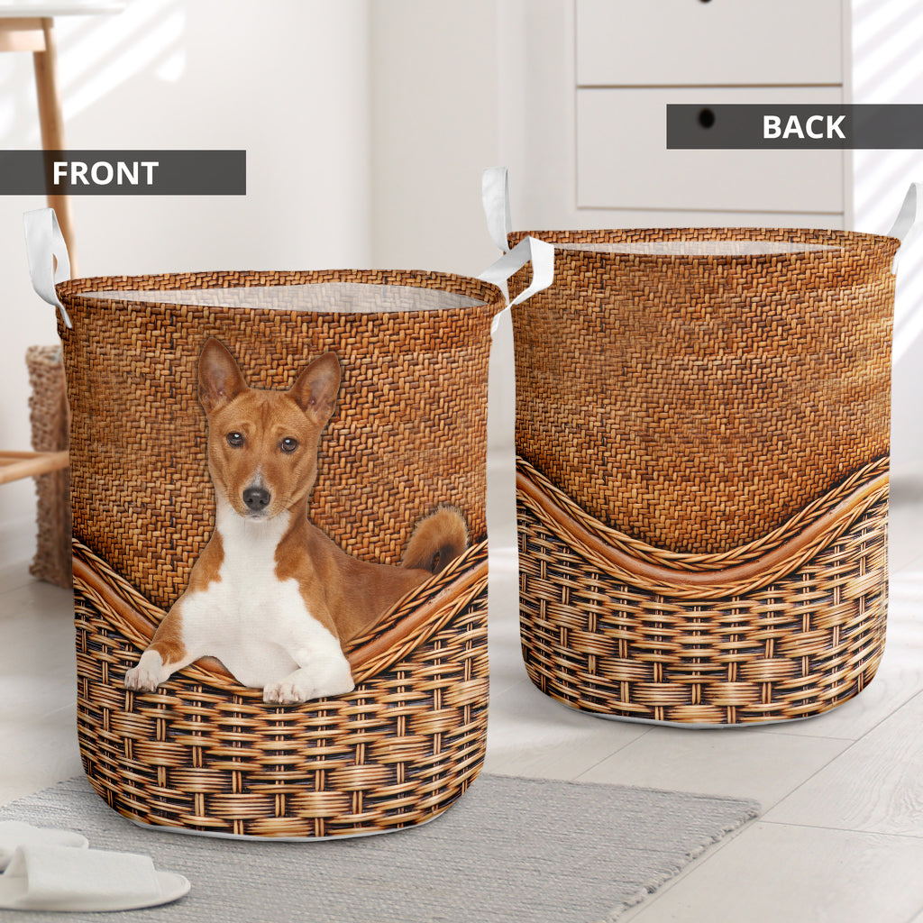Basenji Dog Rattan Texture Laundry Basket For Nursery Dorm And Home Storage