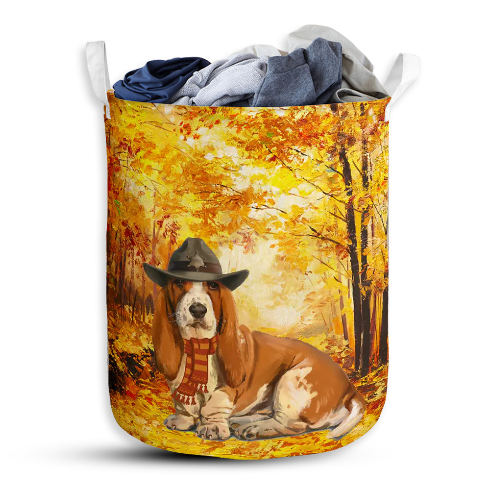 Small Size Basset Hound Dog Autumn Dreamy Laundry Basket For Bathroom Bedroom Storage