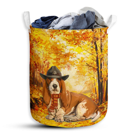Small Size Basset Hound Dog Autumn Dreamy Laundry Basket For Bathroom Bedroom Storage
