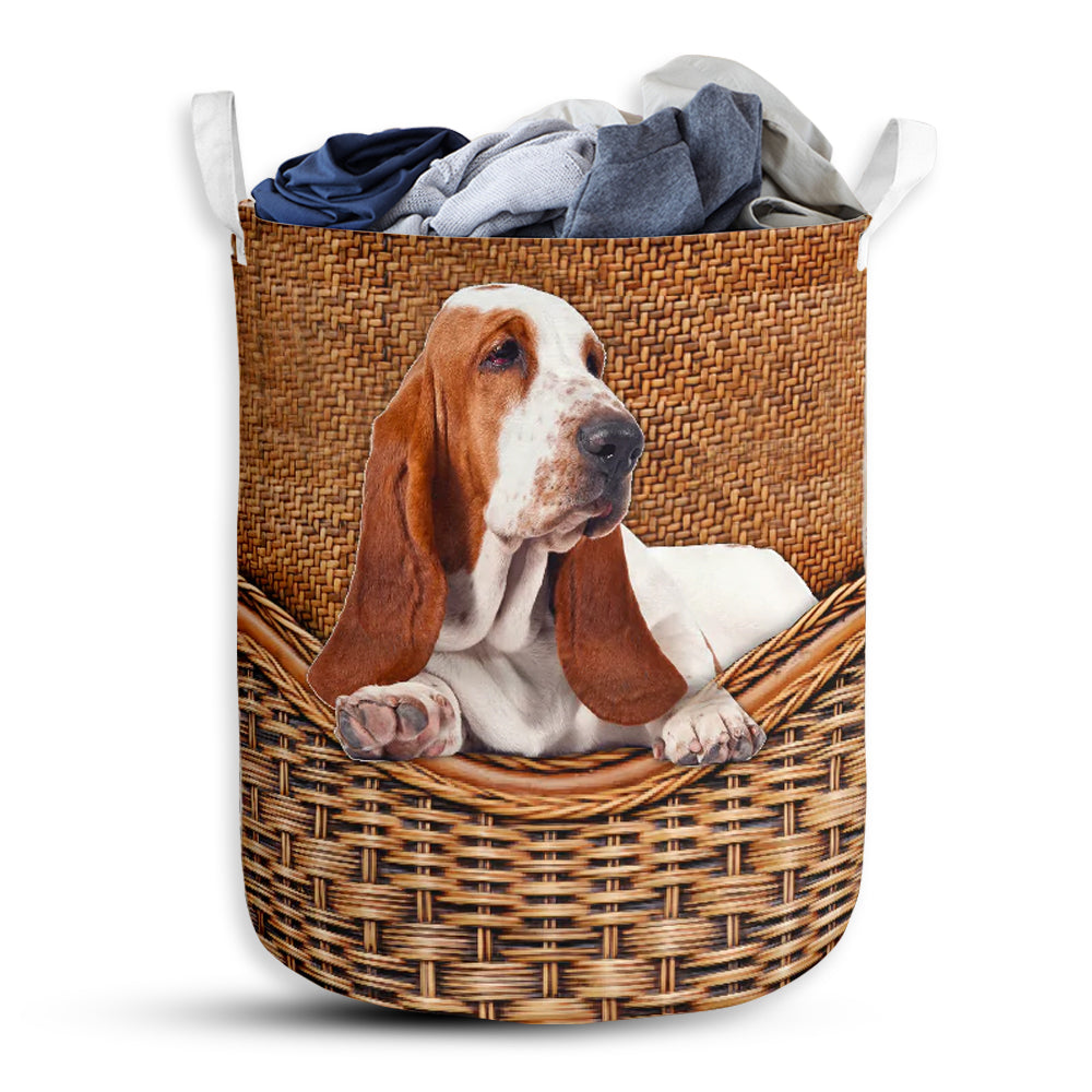 Small Size Basset Hound Dog Rattan Texture Laundry Basket For Bathroom Bedroom Storage