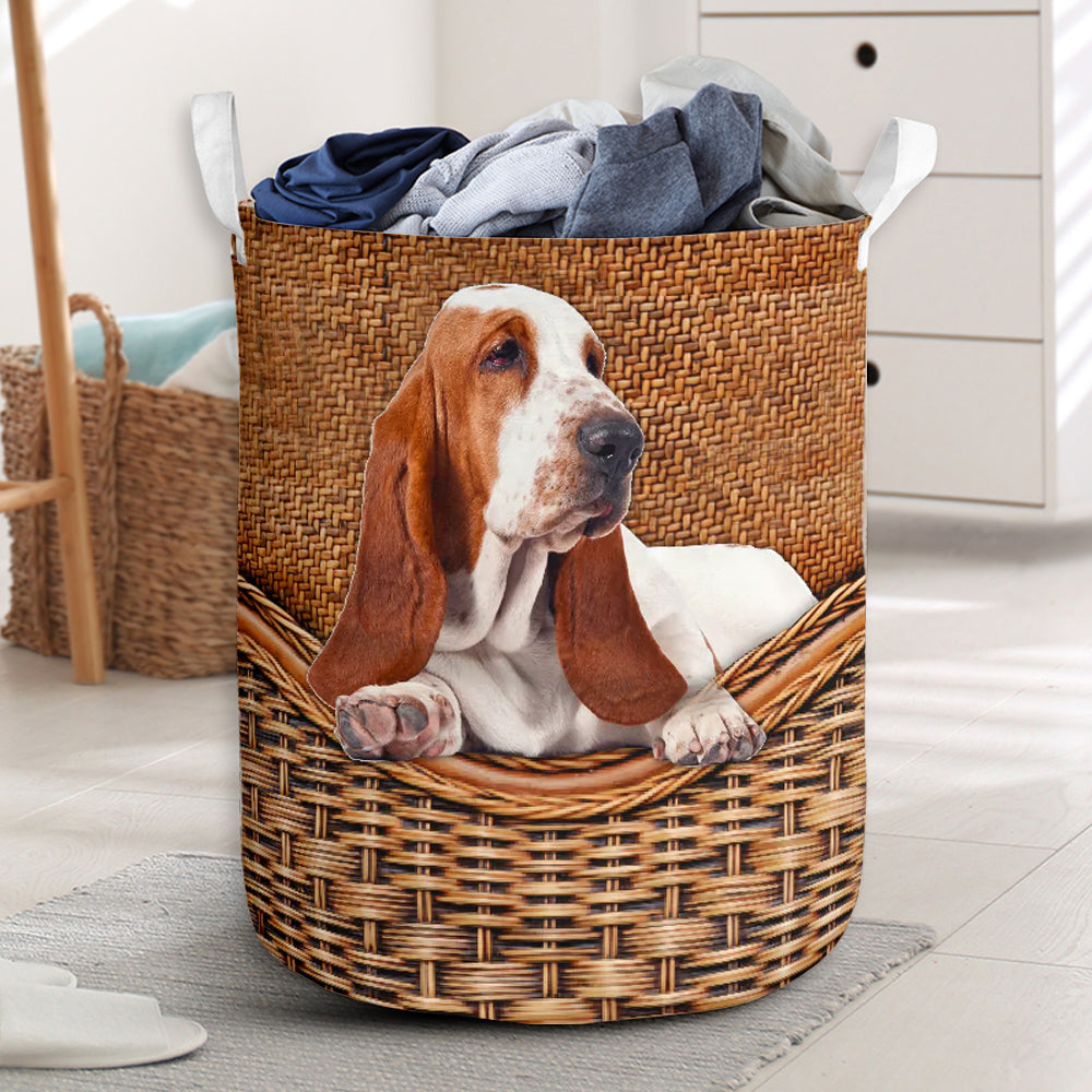 Basset Hound Dog Rattan Texture Laundry Basket For Room Home Organizer