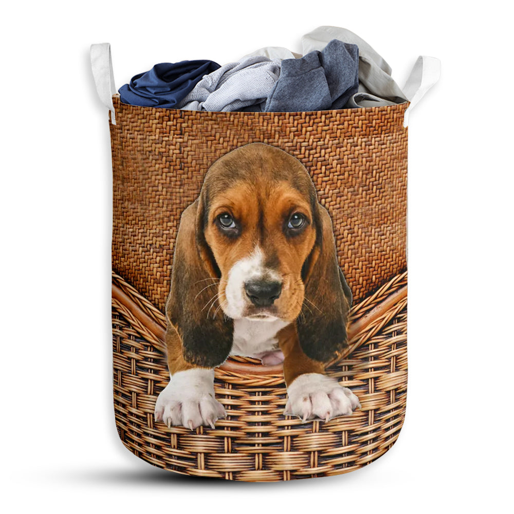 Small Size Basset Hound Dog Rattan Texture So Cute Laundry Basket For Bathroom Bedroom Storage