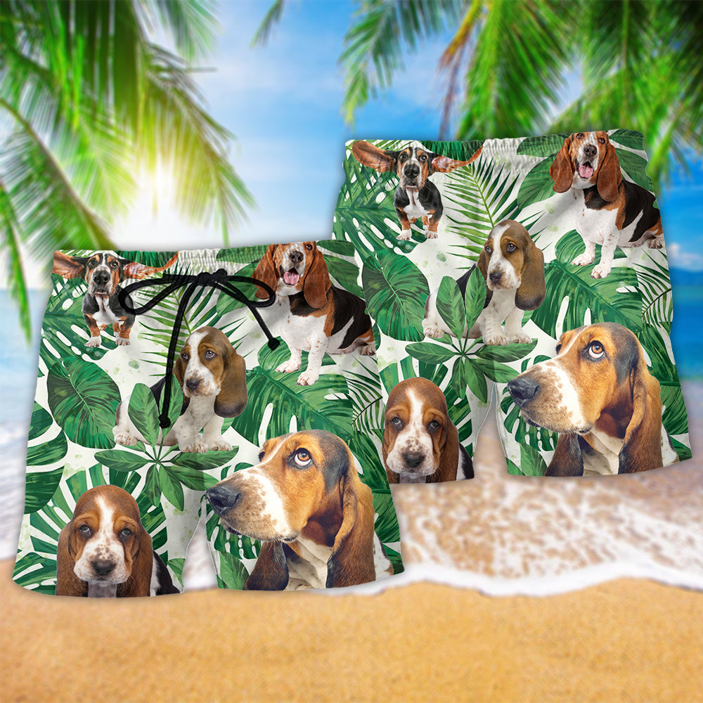 Tropical Leaf Basset Hound Beach Shorts Pattern Detail For Summer Travel And Everyday Comfort