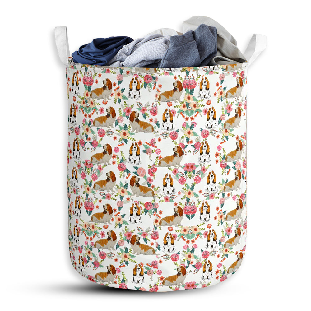 Small Size Basset Hound Flower Pattern Laundry Basket For Bathroom Bedroom Storage