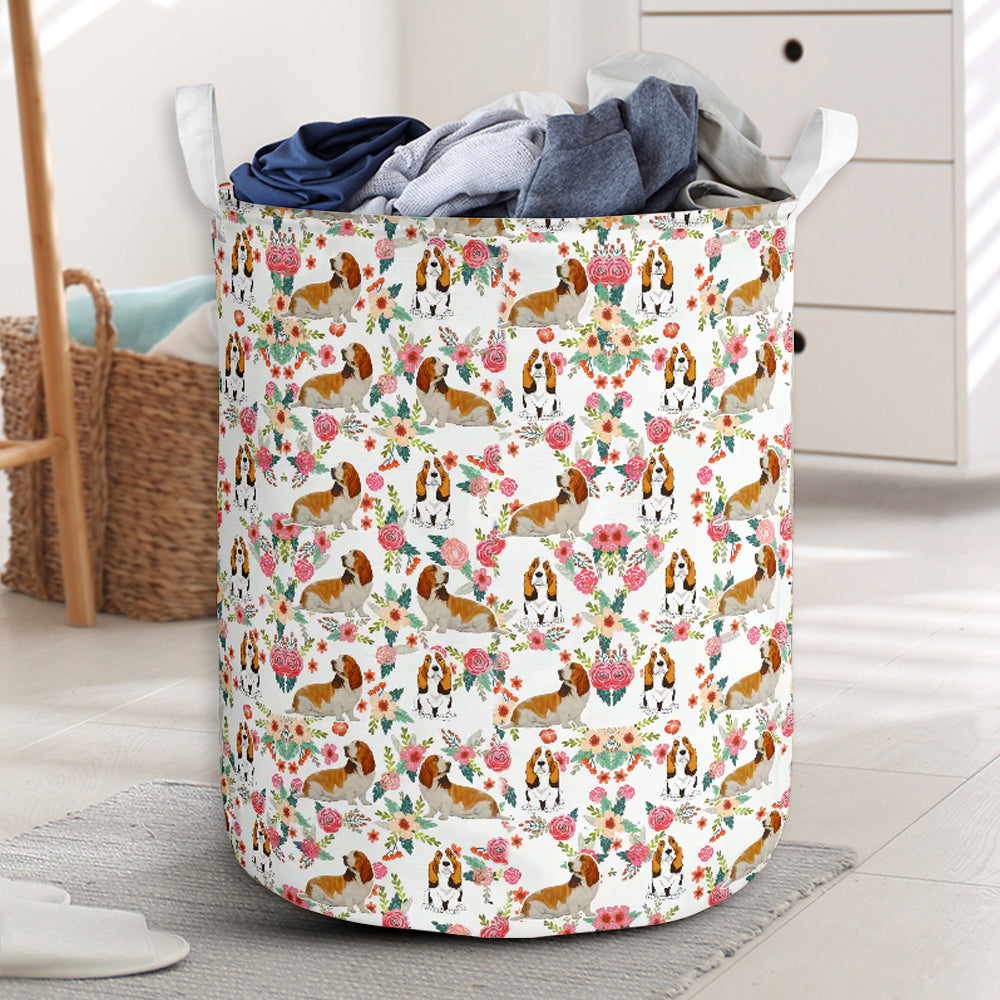 Basset Hound Flower Pattern Laundry Basket For Room Home Organizer