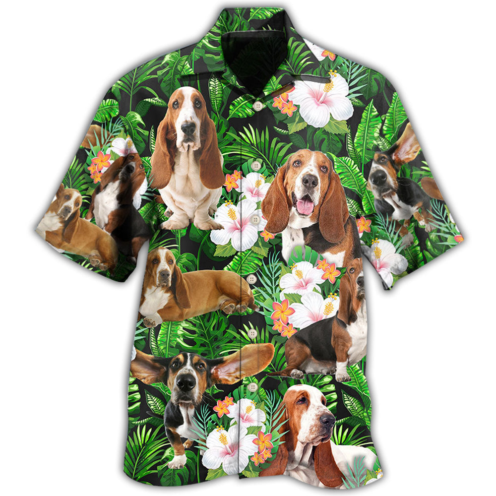 Tropical Basset Hound Leaves Hawaiian Shirt Print Closeup For Summer Travel