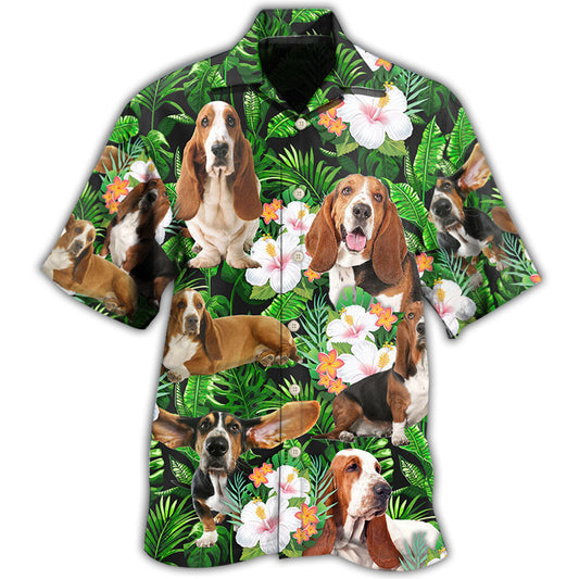 Tropical Basset Hound Leaves Hawaiian Shirt Print Closeup For Summer Travel