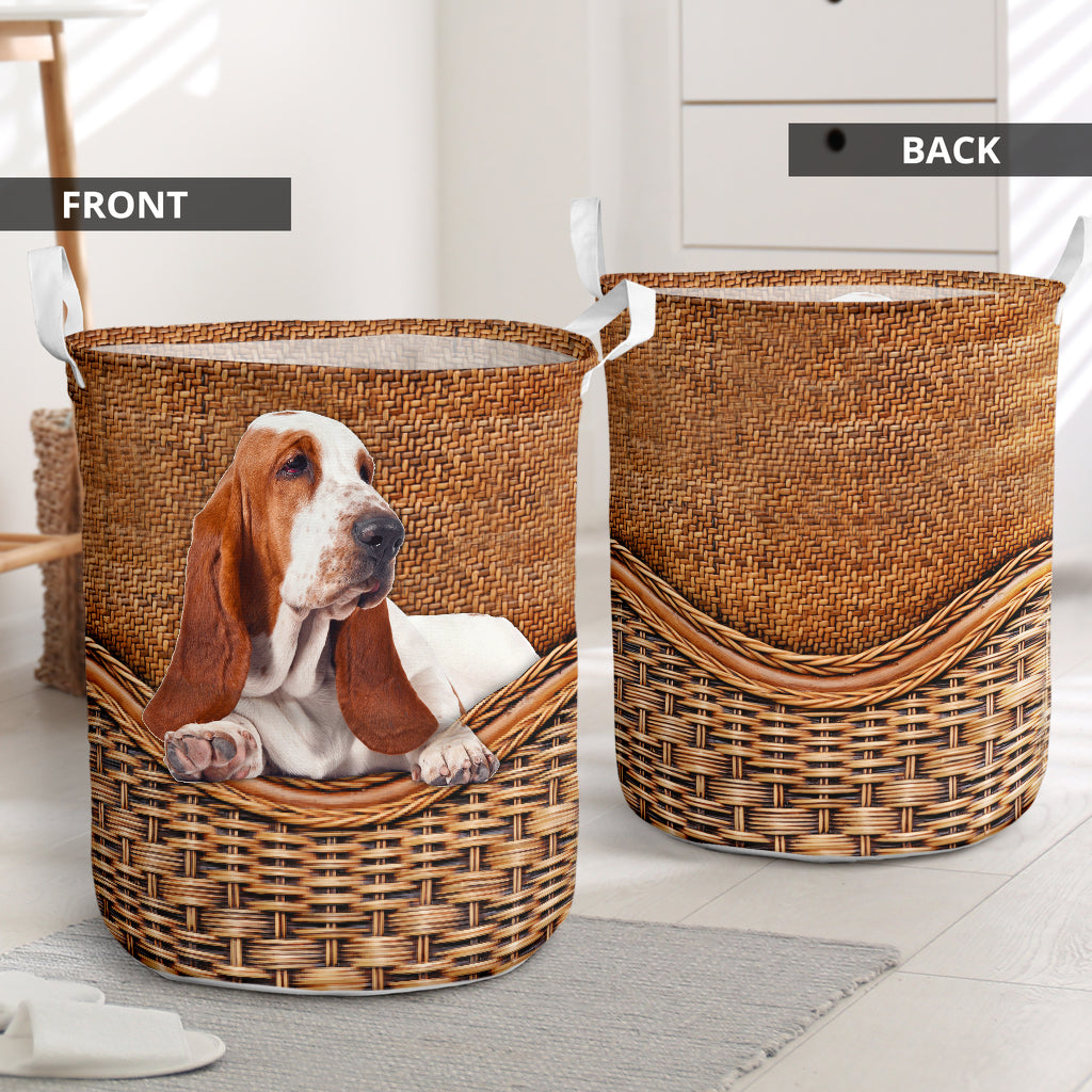 Basset Hound Dog Rattan Texture Laundry Basket For Nursery Dorm And Home Storage
