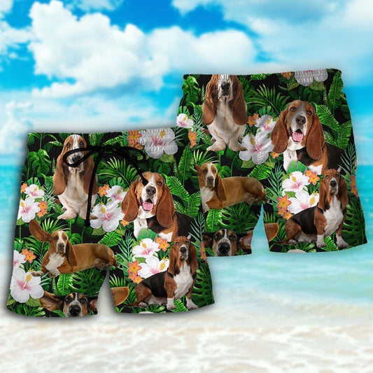 Tropical Leaf Basset Hound Beach Shorts For Resort Getaways And Lightweight Summer Style