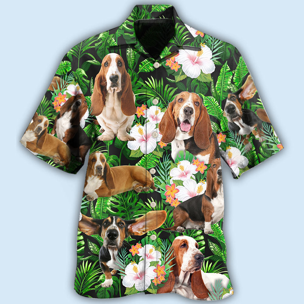 Tropical Basset Hound Leaf Hawaiian Shirt For Tropical Holidays, Outdoor Gatherings, And Everyday Comfort