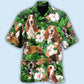 Tropical Basset Hound Leaves Hawaiian Shirt Collar And Front View For Resort Wear
