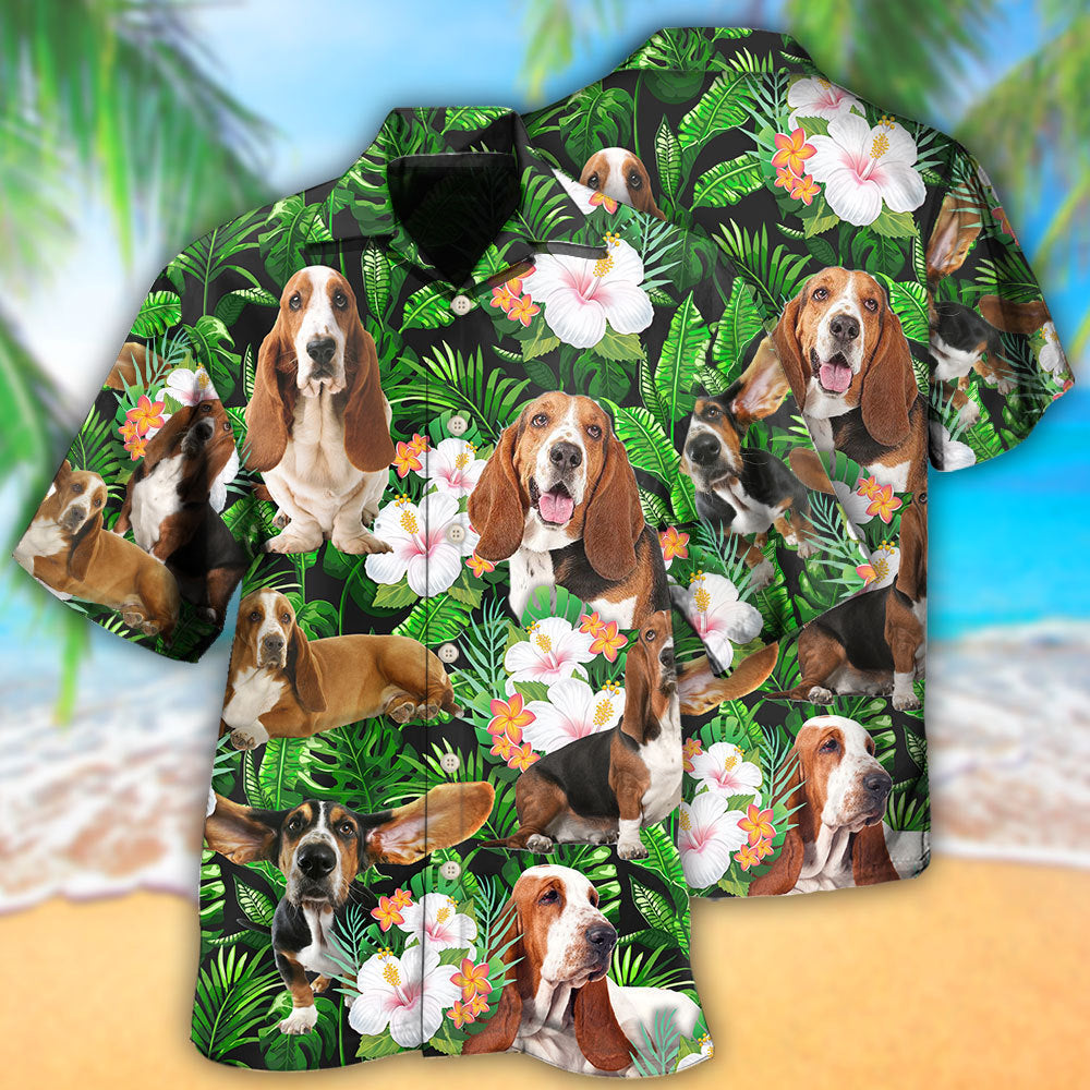 Tropical Basset Hound Leaves Hawaiian Shirt Fabric Pattern Detail For Beach Days