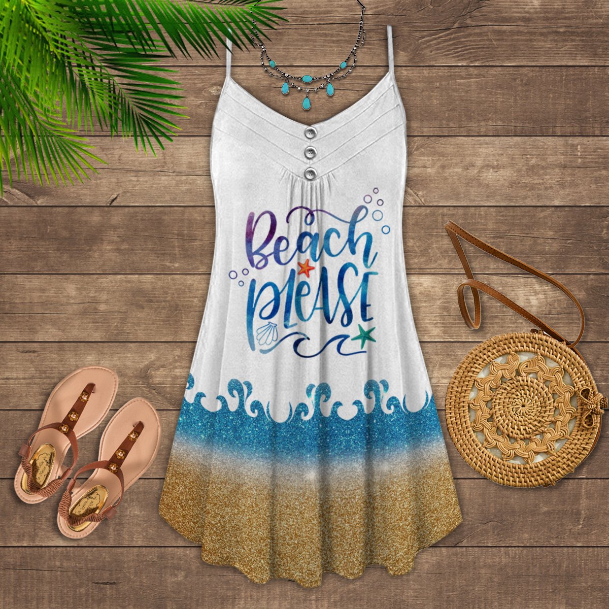 Beach In Life Please V-Neck Sleeveless Cami Dress For Tropical Parties And Casual Everyday Style