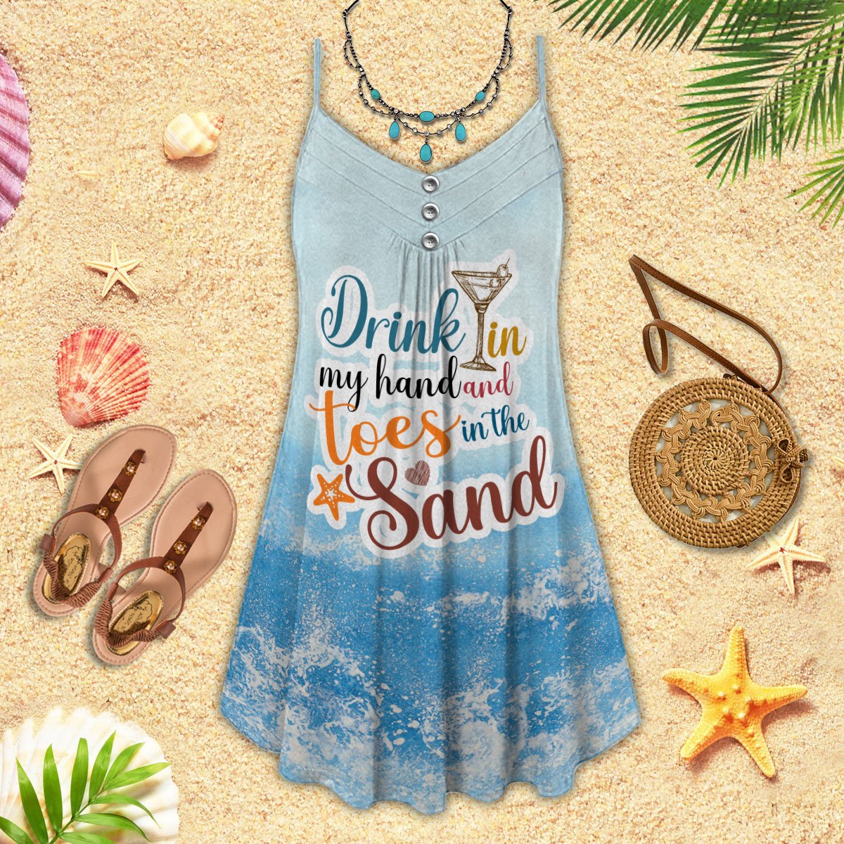 Beach Lover V-Neck Sleeveless Cami Dress For Beach Trips And Resort Vacations