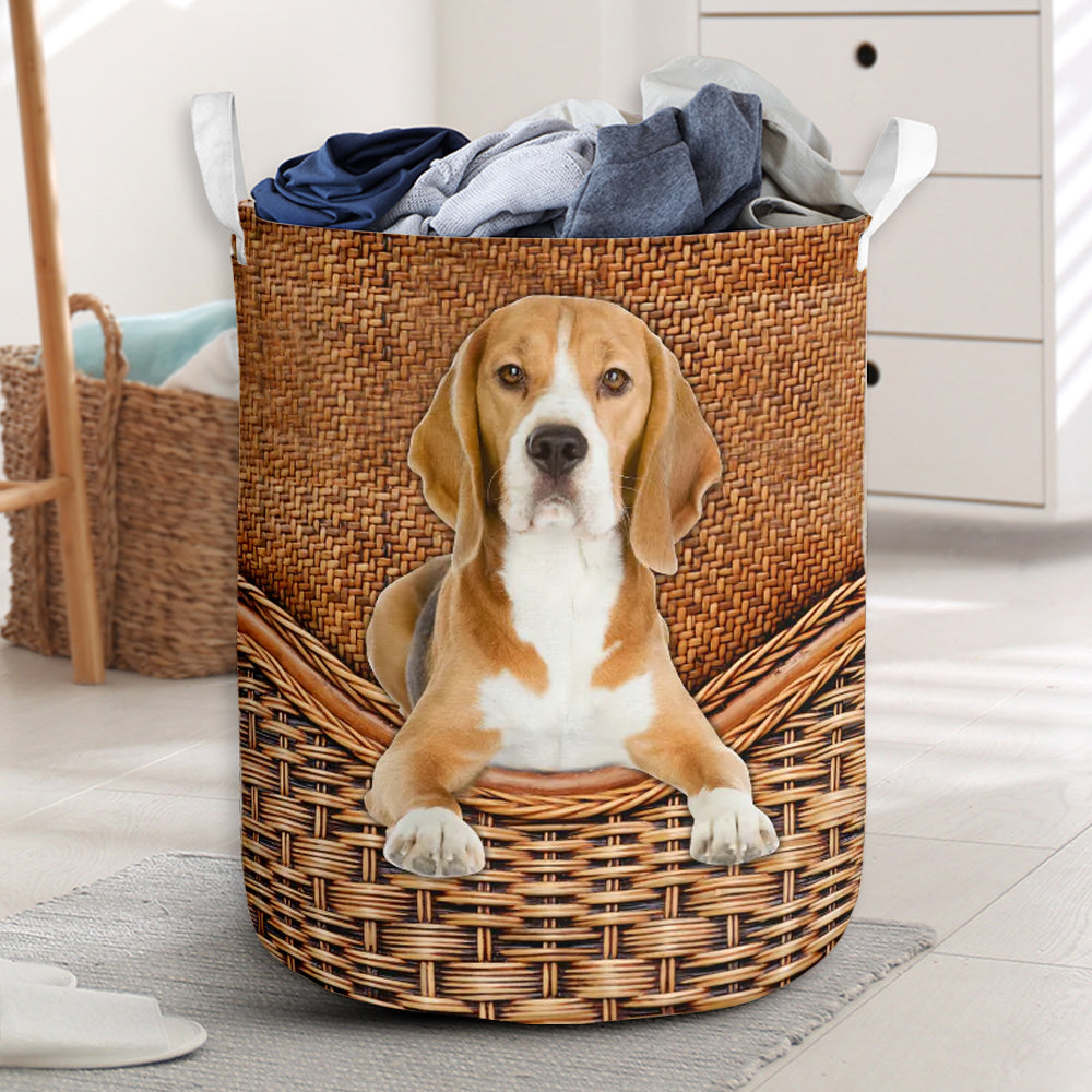 Beagle Dog Rattan Texture Laundry Basket For Room Home Organizer