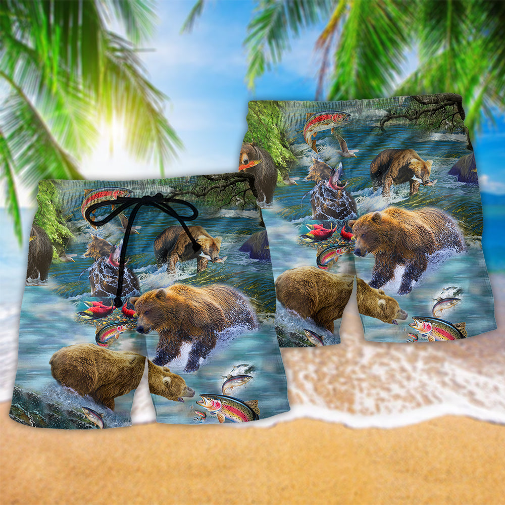 Bear Salmon Hunting With Animals Hawaiian Print Beach Shorts For Beach Days And Outdoor Activities