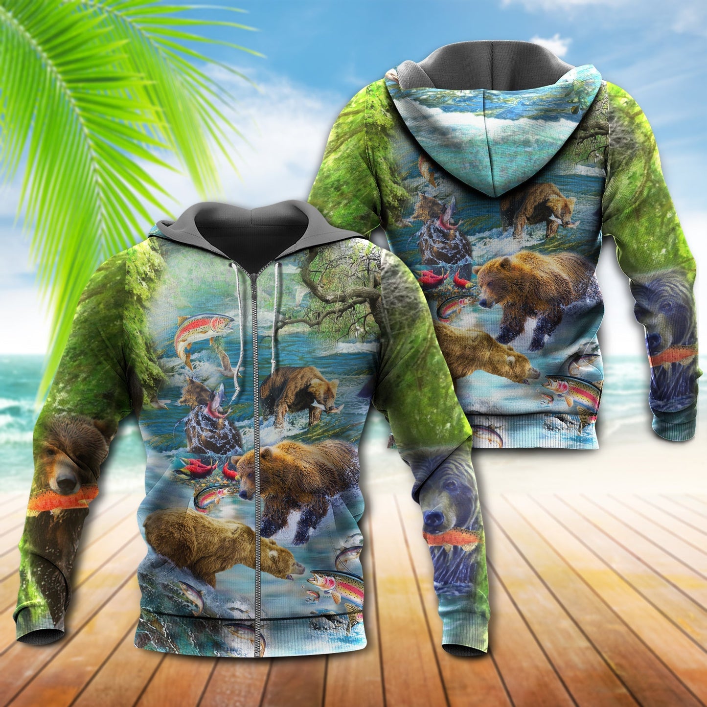 Bear Salmon Hunting Scene Hoodie For Anglers Nature Trips Holidays And Relaxed Layering
