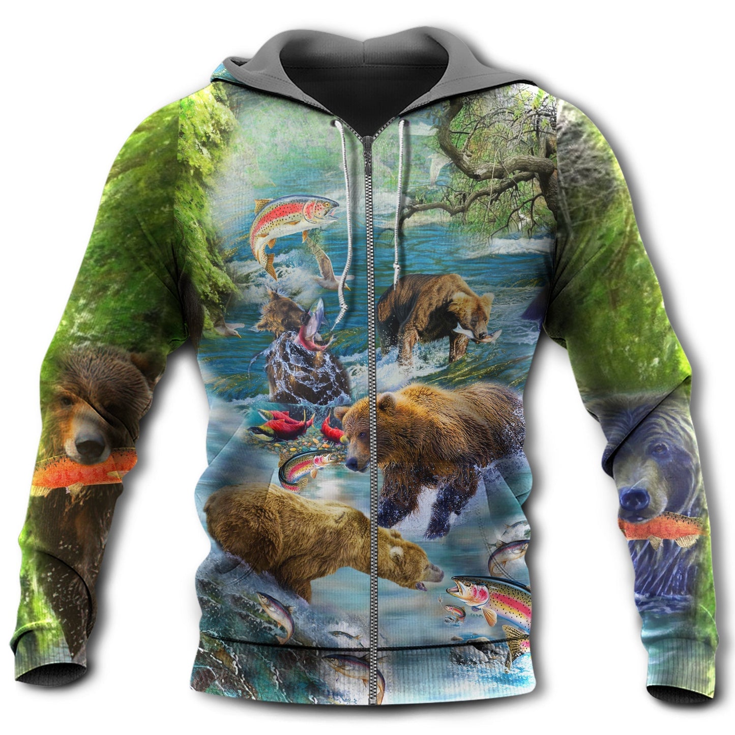 Bear Salmon Hunting Scene Hoodie For Anglers Nature Trips Holidays And Relaxed Layering