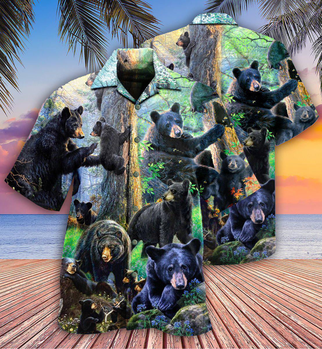Black Bear Family Spring Hawaiian Shirt Pattern Detail For Summer Holidays And Outdoor Fun
