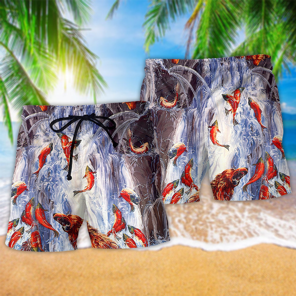 Bear Waterfall Fishing Beach Shorts Pattern Detail For Cruise Vacations And Flexible Everyday Wear