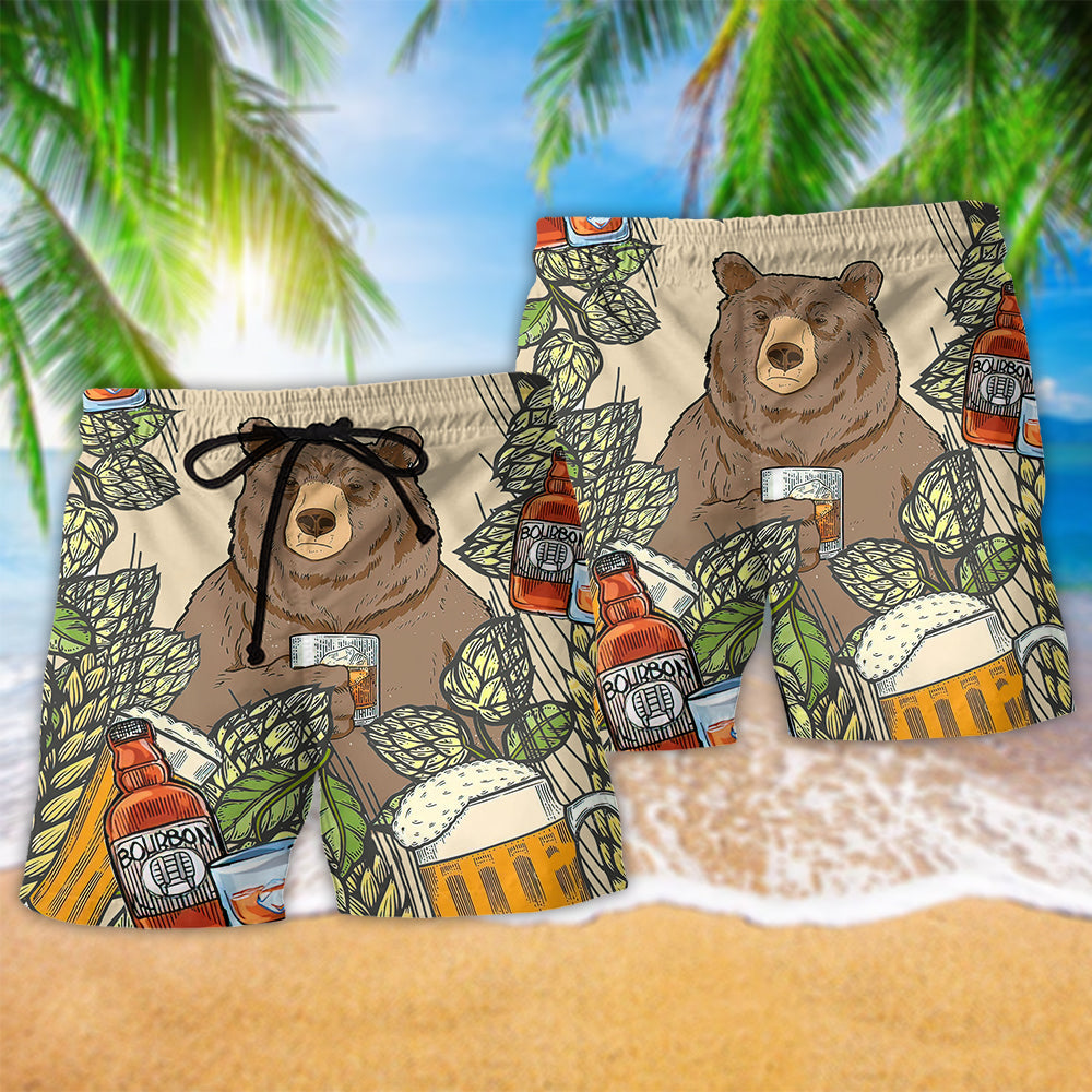 Bear Loves Bourbon Humor Beach Shorts Pattern View For Resort Days And Outdoor Activities